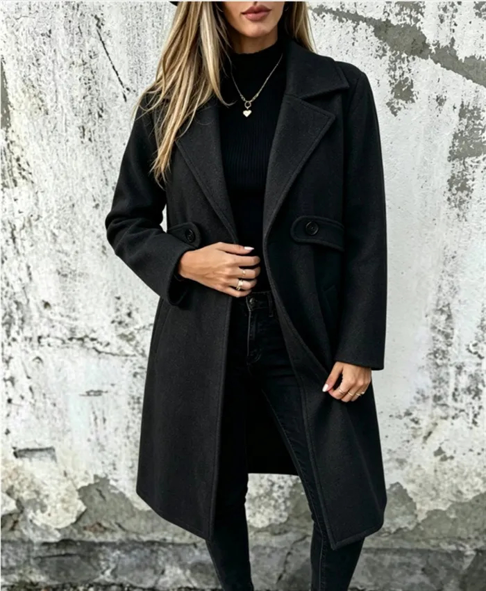 Women's Minimalist Mid‑Length Coat, Large Lapel Cinched Waist Button Decor Pocket Casual Outerwear for Autumn Winter