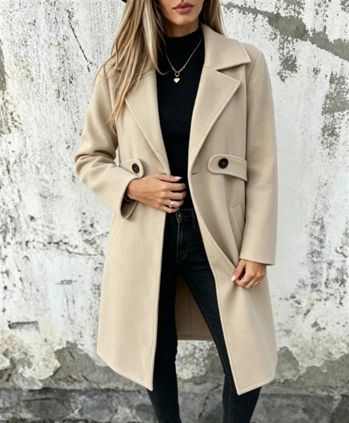 Women's Minimalist Mid‑Length Coat, Large Lapel Cinched Waist Button Decor Pocket Casual Outerwear for Autumn Winter