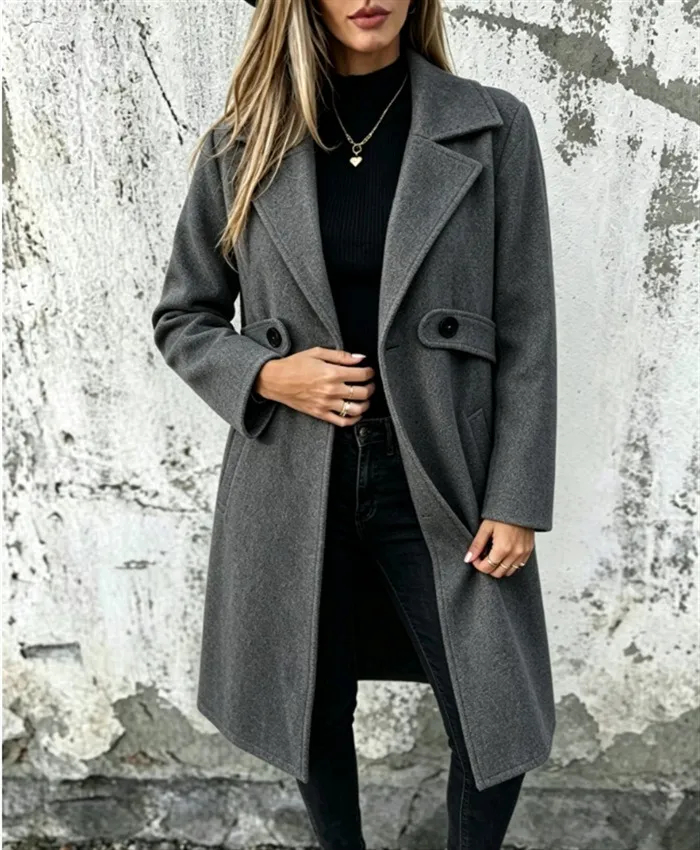 Women's Minimalist Mid‑Length Coat, Large Lapel Cinched Waist Button Decor Pocket Casual Outerwear for Autumn Winter