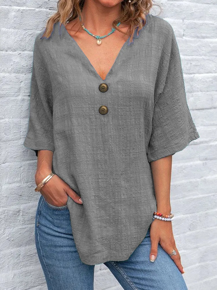 All-Day Comfort Women Blouse, V-Neck Short Sleeve Linen Blend Casual Wear
