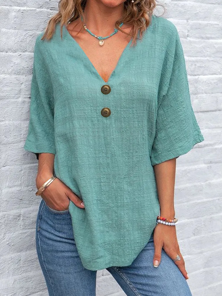 All-Day Comfort Women Blouse, V-Neck Short Sleeve Linen Blend Casual Wear