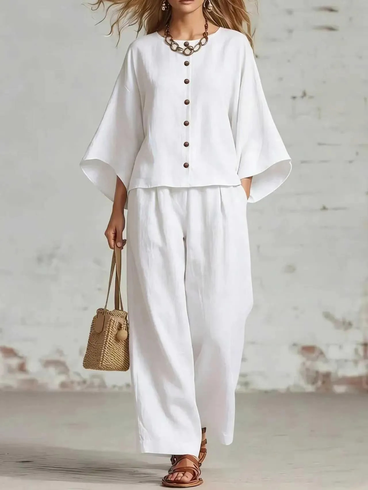 CLEARANCE SALE🔥 Women's Cozy Button Front Lounge Set – Batwing Sleeve Top & Wide Leg Pants