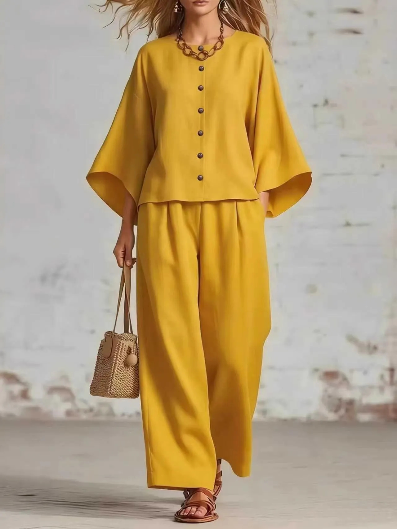 CLEARANCE SALE🔥 Women's Cozy Button Front Lounge Set – Batwing Sleeve Top & Wide Leg Pants