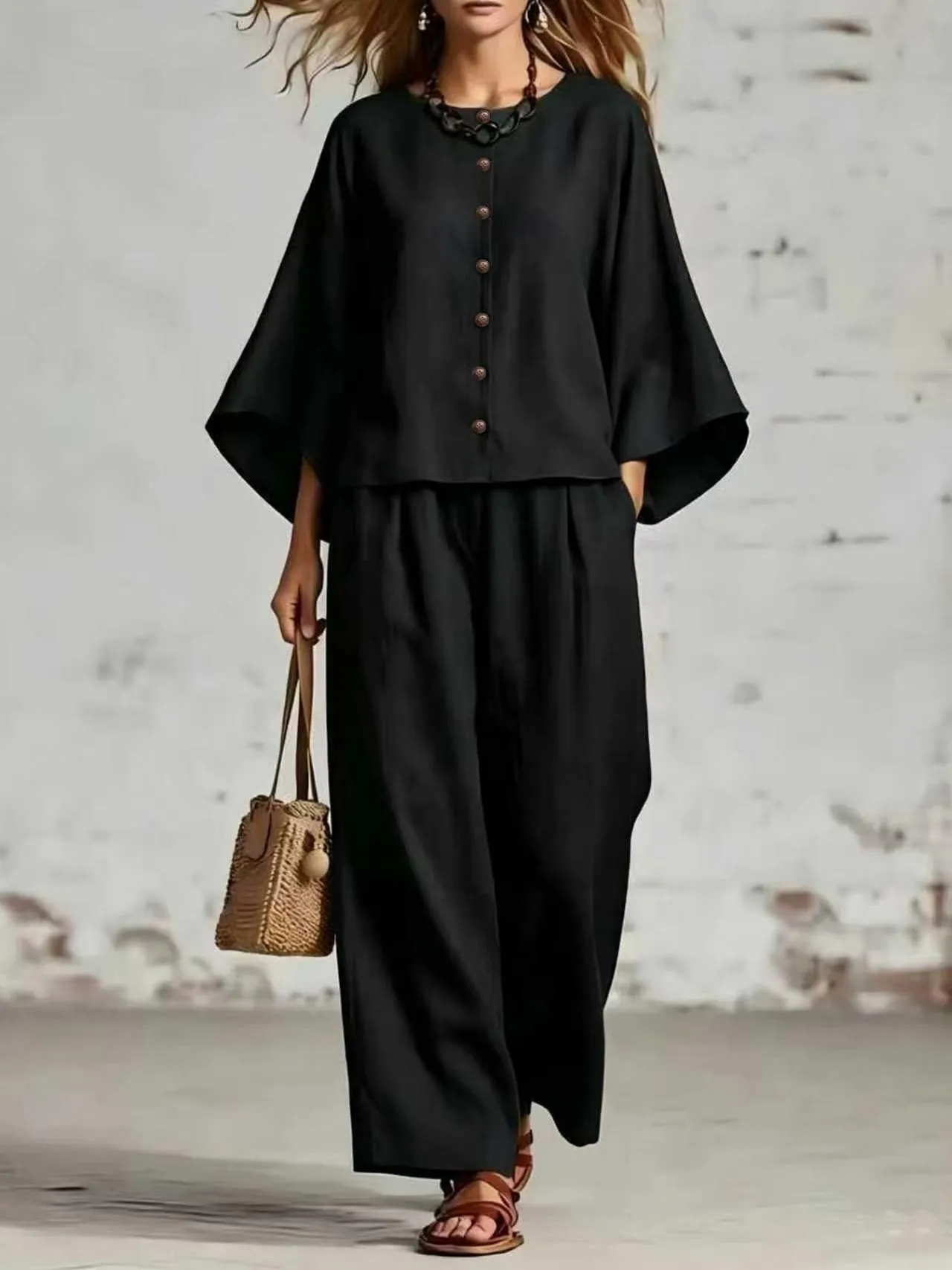 CLEARANCE SALE🔥 Women's Cozy Button Front Lounge Set – Batwing Sleeve Top & Wide Leg Pants