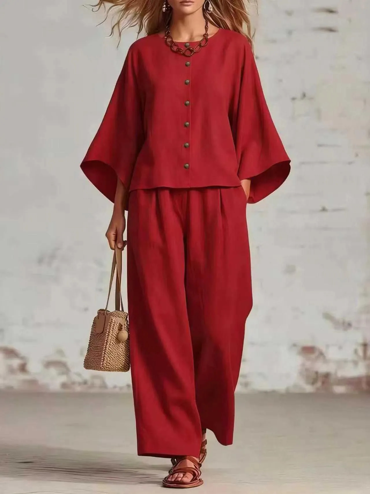 CLEARANCE SALE🔥 Women's Cozy Button Front Lounge Set – Batwing Sleeve Top & Wide Leg Pants