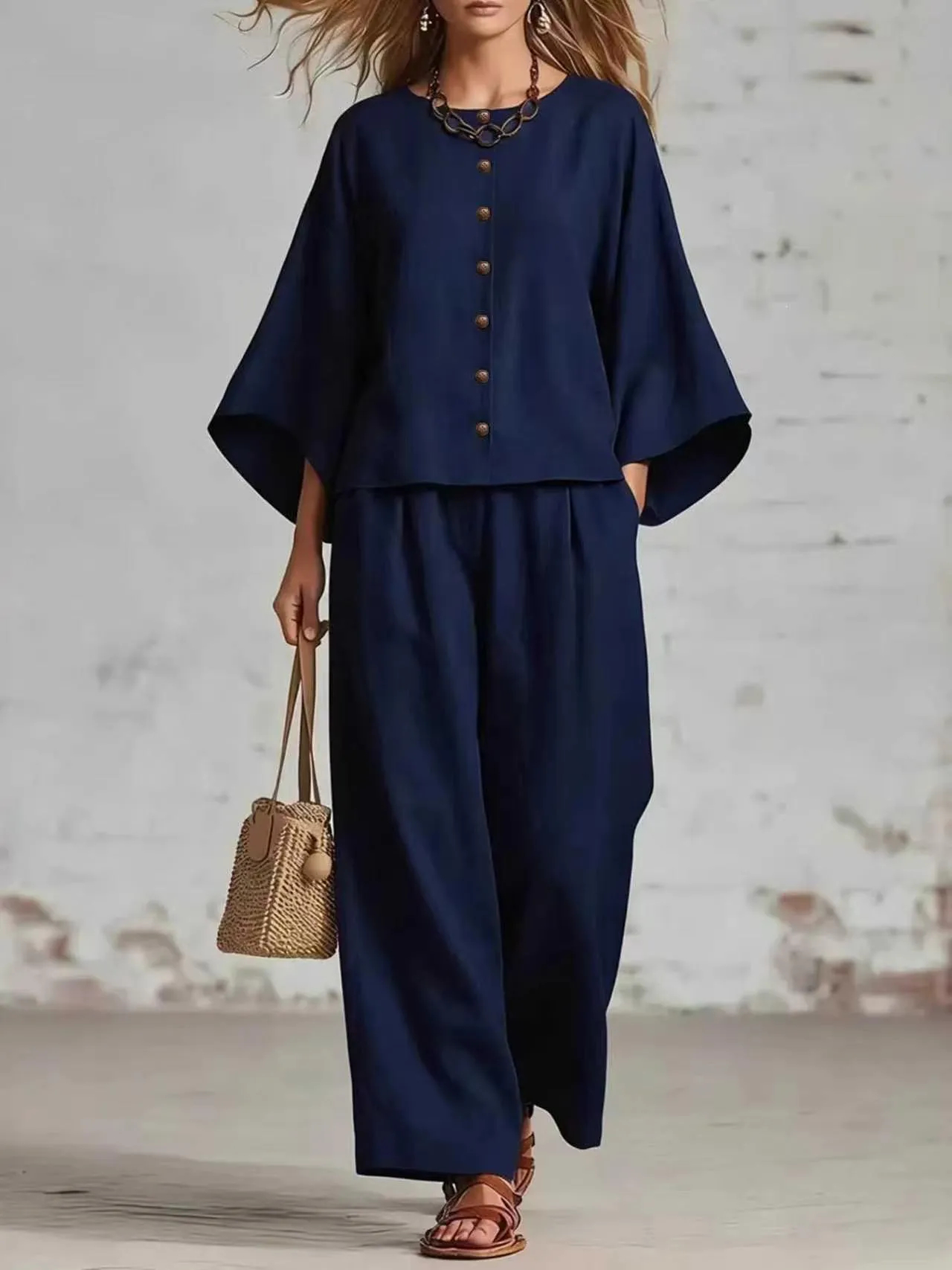 CLEARANCE SALE🔥 Women's Cozy Button Front Lounge Set – Batwing Sleeve Top & Wide Leg Pants