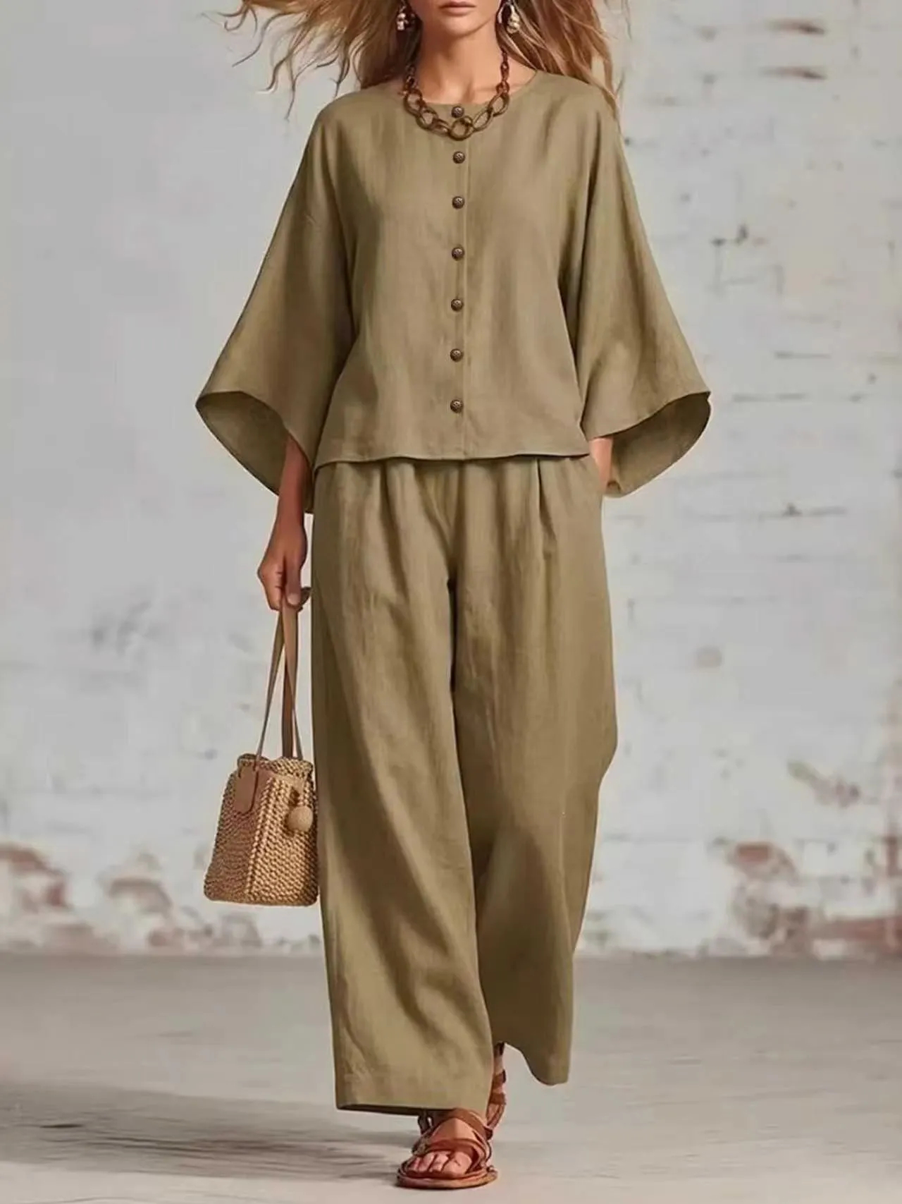 CLEARANCE SALE🔥 Women's Cozy Button Front Lounge Set – Batwing Sleeve Top & Wide Leg Pants