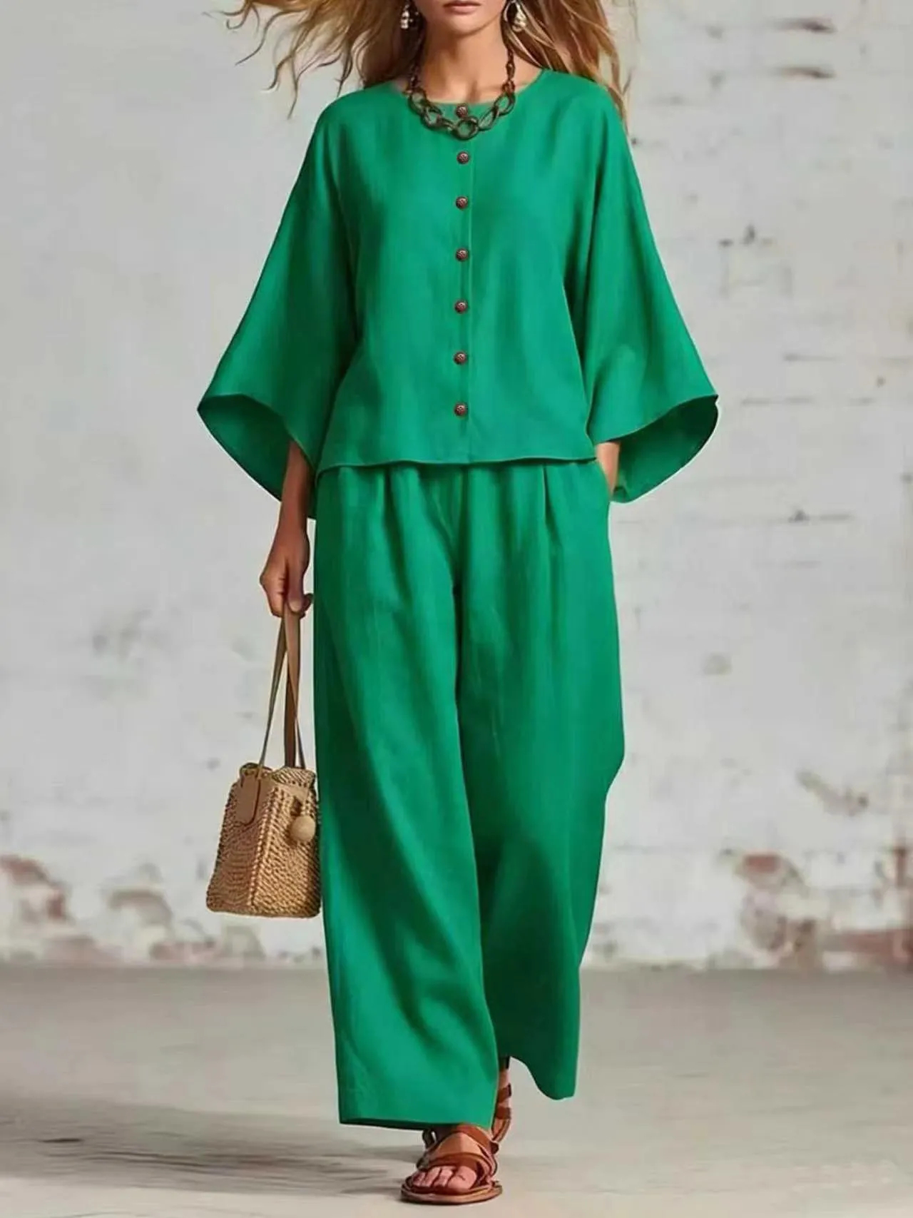 CLEARANCE SALE🔥 Women's Cozy Button Front Lounge Set – Batwing Sleeve Top & Wide Leg Pants