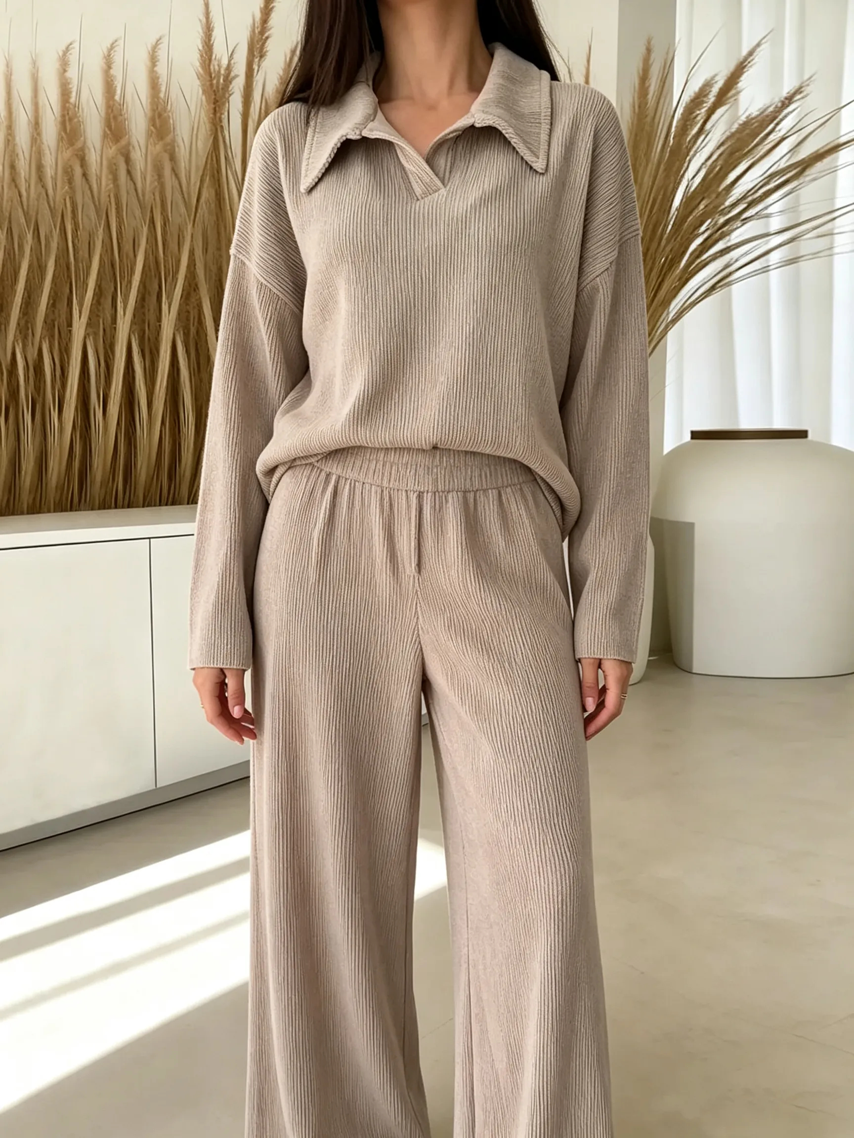 Women's Solid Color Collared Long-sleeved Casual Loose Top With Elastic Waist And Wide-leg Pants Set