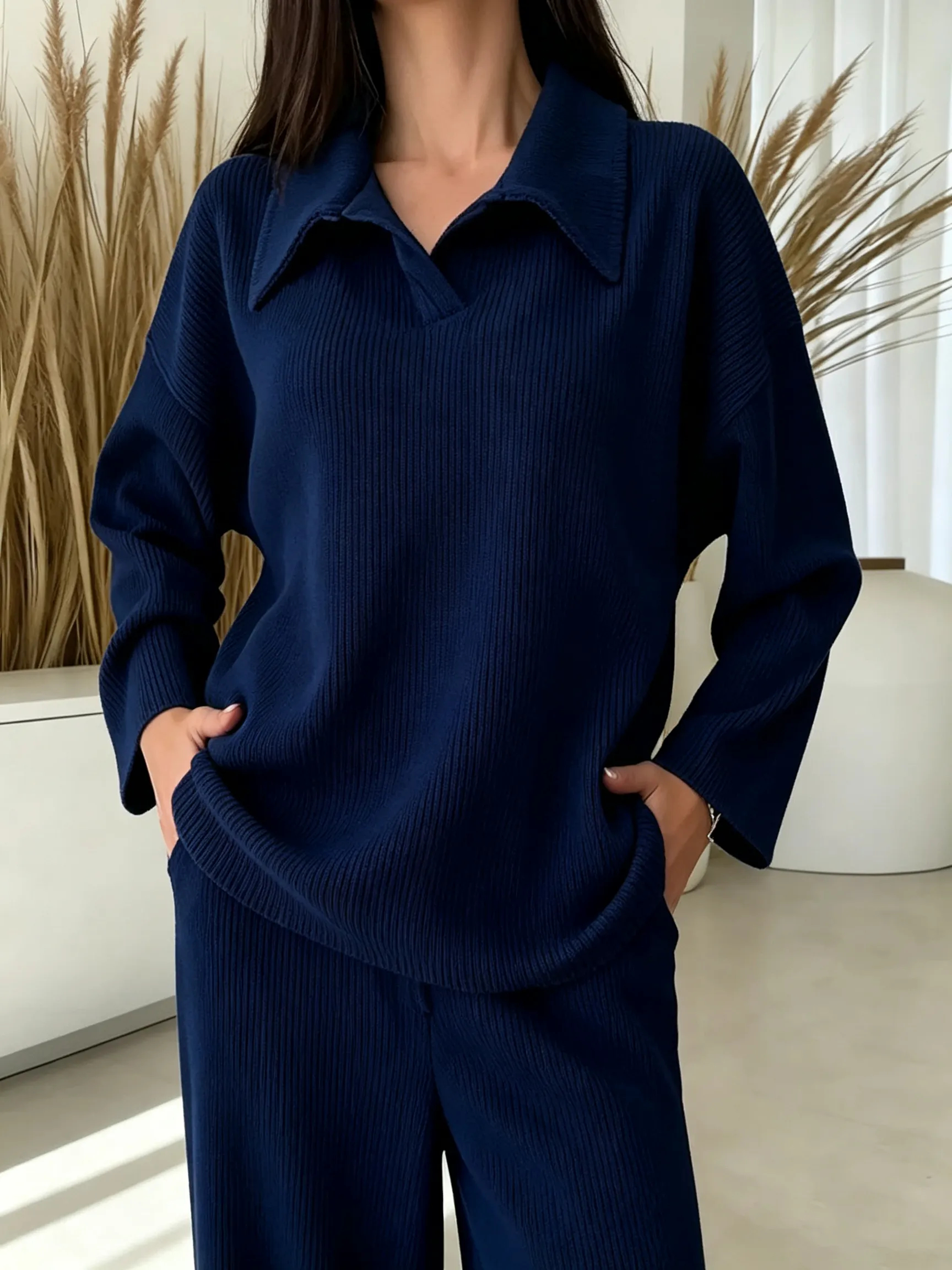 Women's Solid Color Collared Long-sleeved Casual Loose Top With Elastic Waist And Wide-leg Pants Set