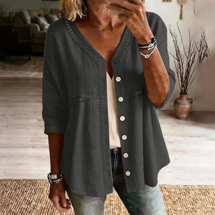 Women's V-Neck Lace Trim Button-Down Blouse