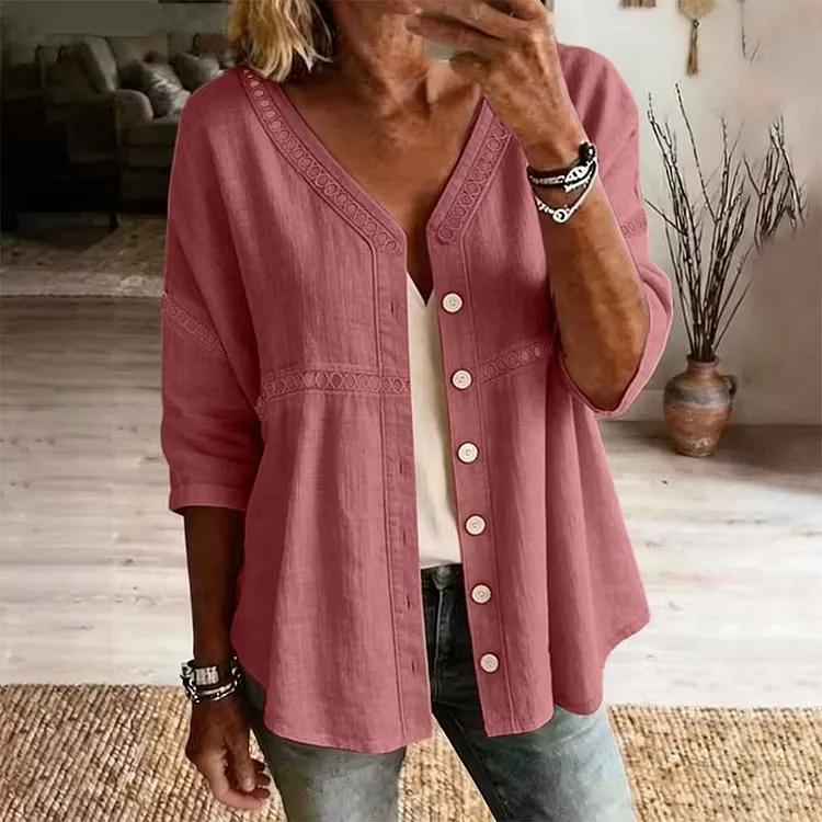 Women's V-Neck Lace Trim Button-Down Blouse