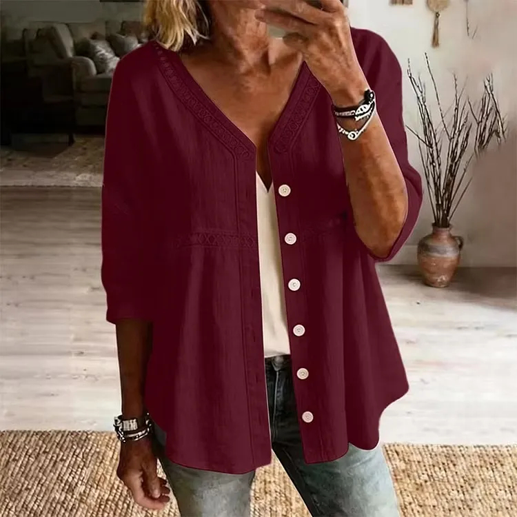 Women's V-Neck Lace Trim Button-Down Blouse