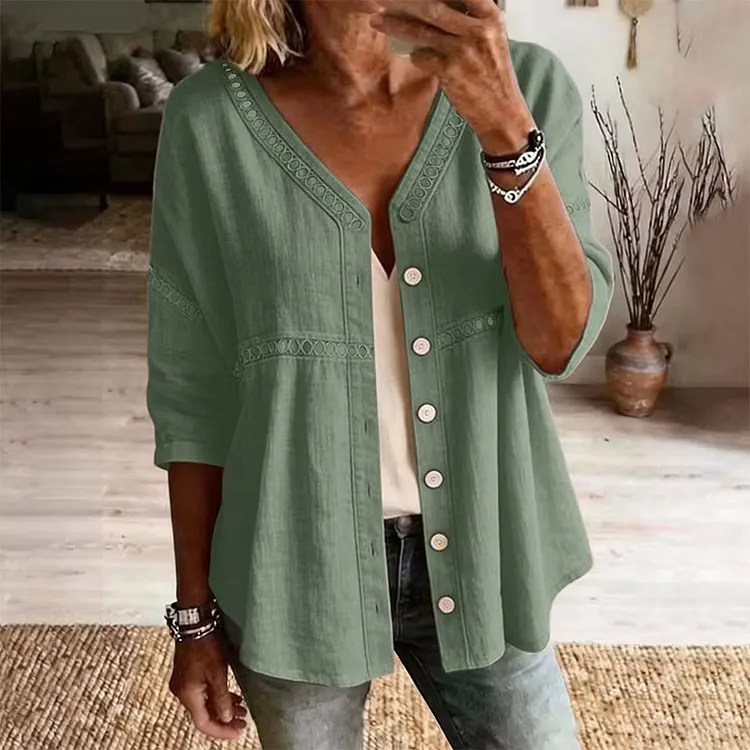 Women's V-Neck Lace Trim Button-Down Blouse