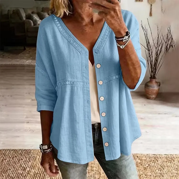 Women's V-Neck Lace Trim Button-Down Blouse