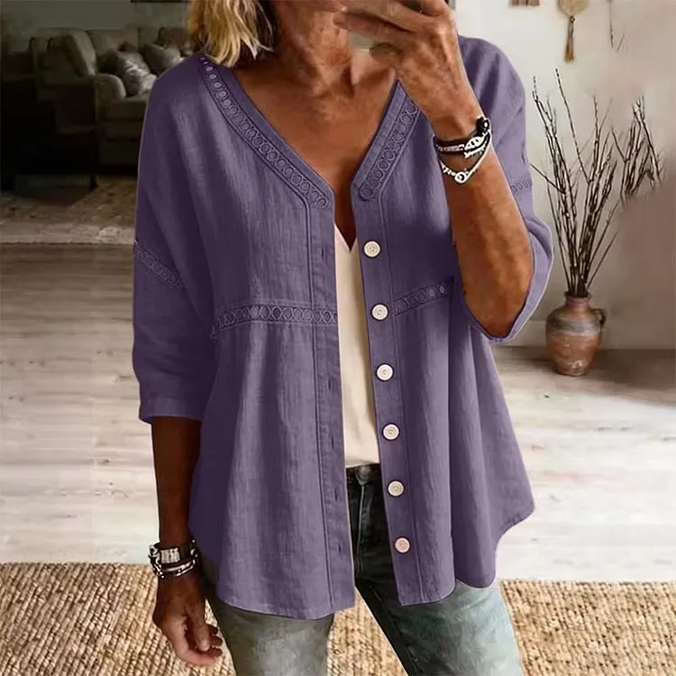 Women's V-Neck Lace Trim Button-Down Blouse