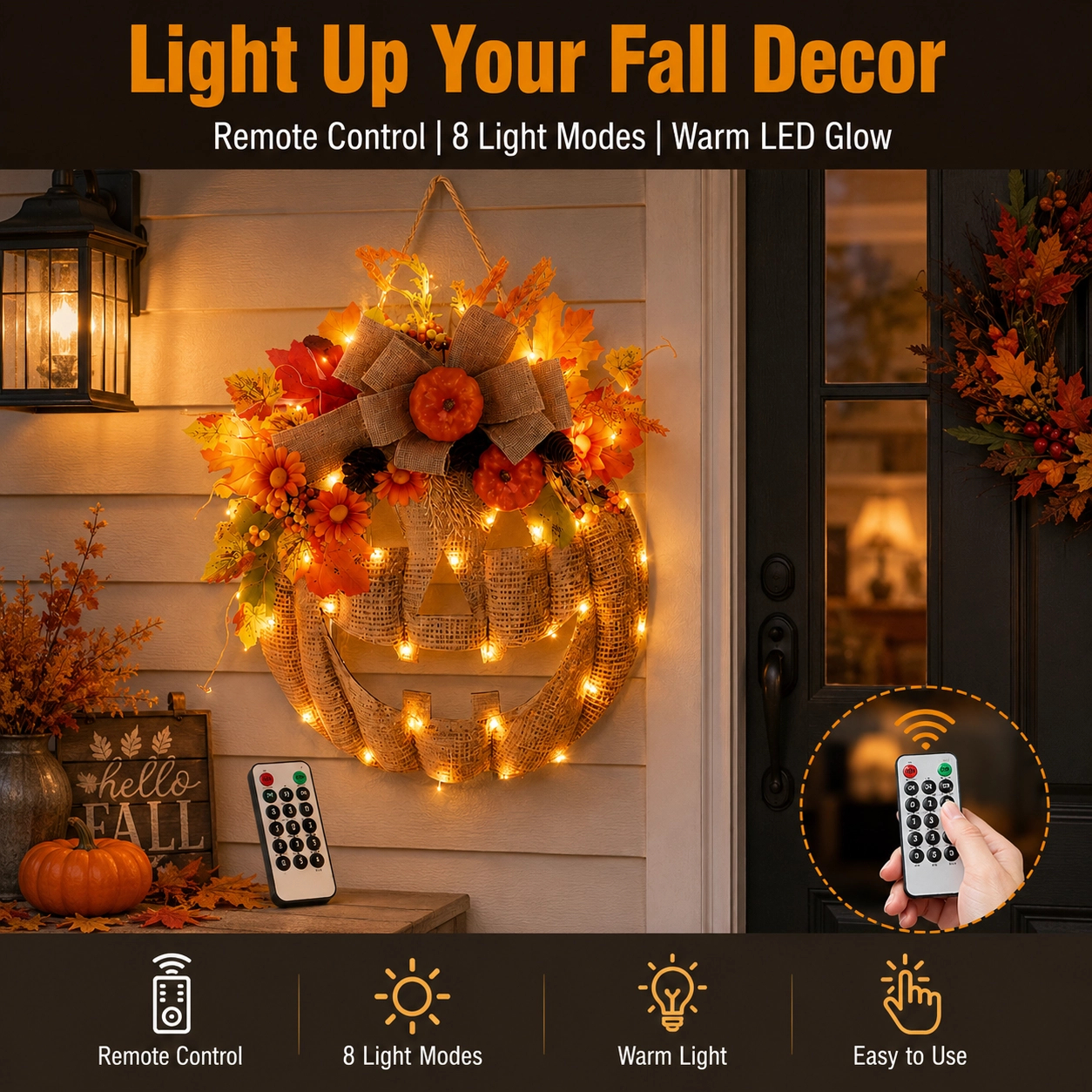 Lighted Burlap Pumpkin Wreath with Remote Control 🎃✨ Cozy Fall Door Decor with 8 Light Modes & Warm LED Glow