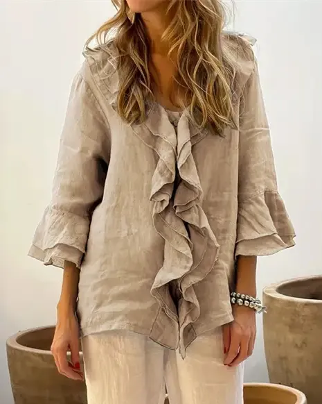 Women's Button Down Shirts V Neck 3/4 Sleeve Elegant Ruffle Casual Blouses Tops