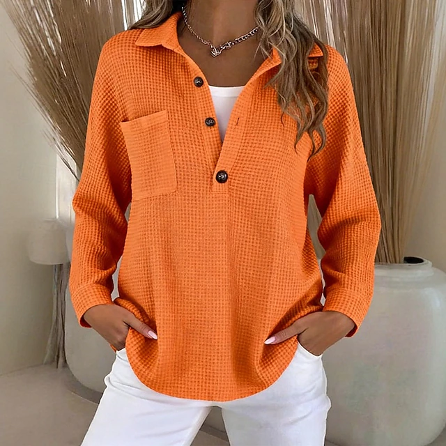 Women's V-neck button-up waffle knit solid color loose-fitting long-sleeved top