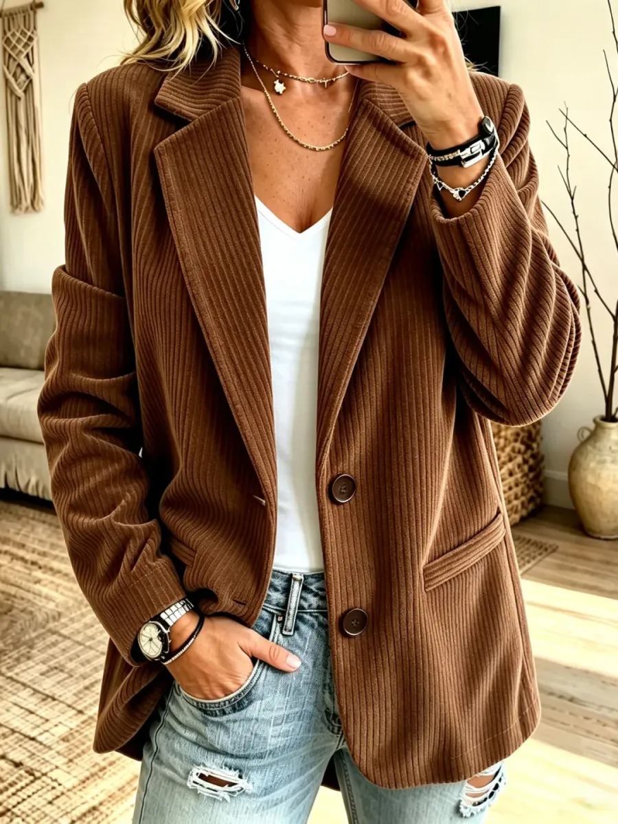 Women’s Corduroy Blazer Jacket – Casual Button Front Long Sleeve Blazer with Pockets