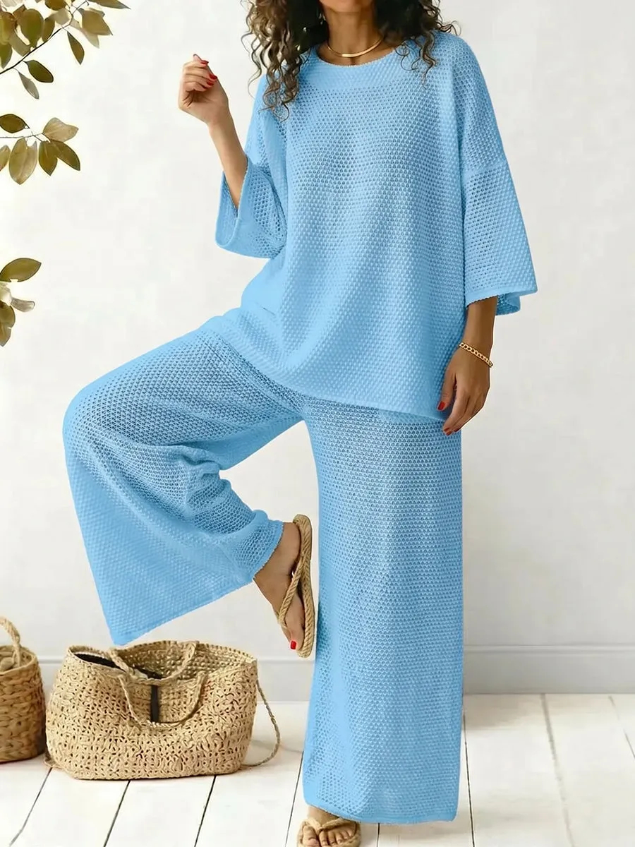 Women's Round-neck Long-sleeve Cutout Top And Pants Set