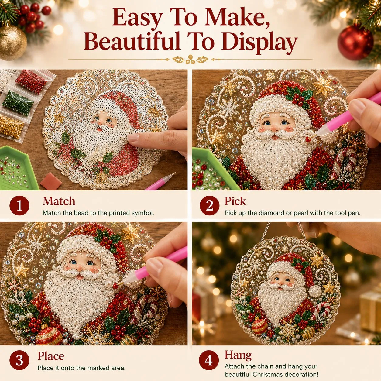 🎄 Premium Christmas Pearl Diamond Art Ornament Kit | DIY Holiday Hanging Decor
