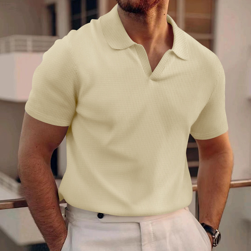 ⏰Promotion 50% OFF - New Arrival Men’s Summer Waffle Knit Oversized Lapel T-Shirt, Heavyweight Casual Short Sleeve Tee