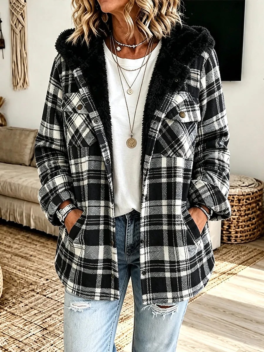 Women’s Hooded Plaid Sherpa Lined Flannel Shacket