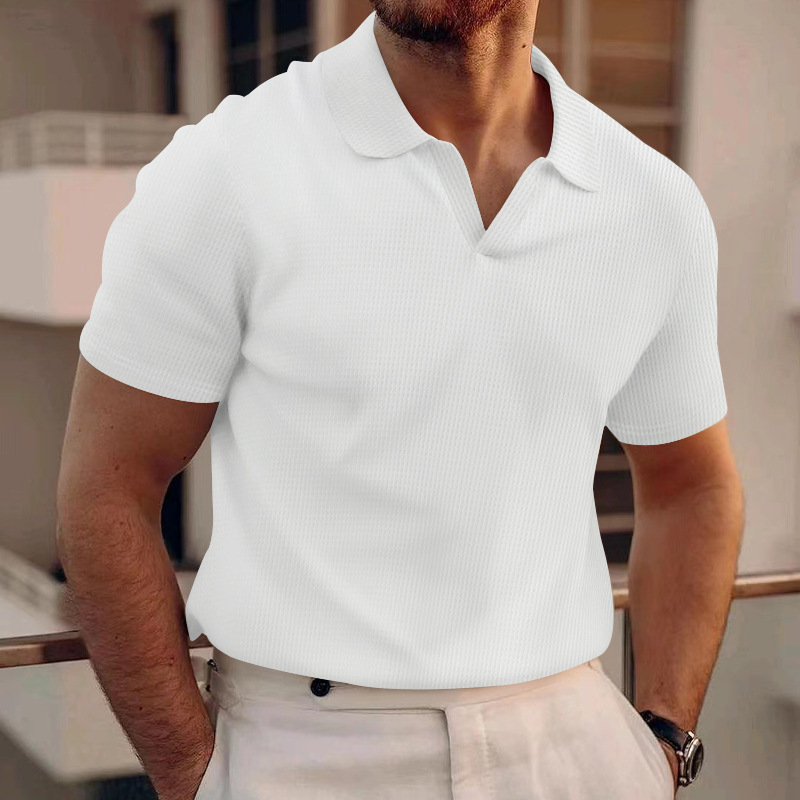 ⏰Promotion 50% OFF - New Arrival Men’s Summer Waffle Knit Oversized Lapel T-Shirt, Heavyweight Casual Short Sleeve Tee