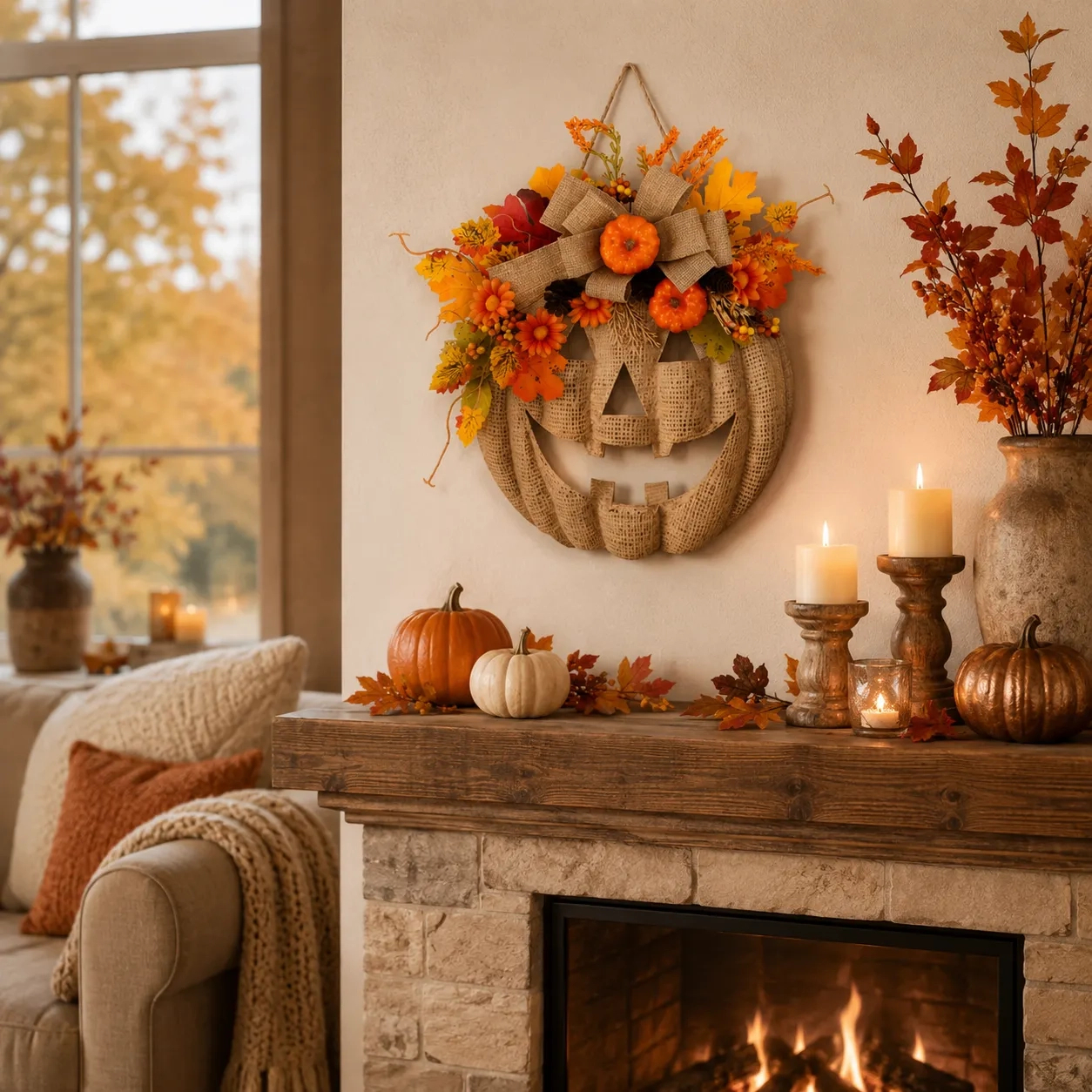 Lighted Burlap Pumpkin Wreath with Remote Control 🎃✨ Cozy Fall Door Decor with 8 Light Modes & Warm LED Glow