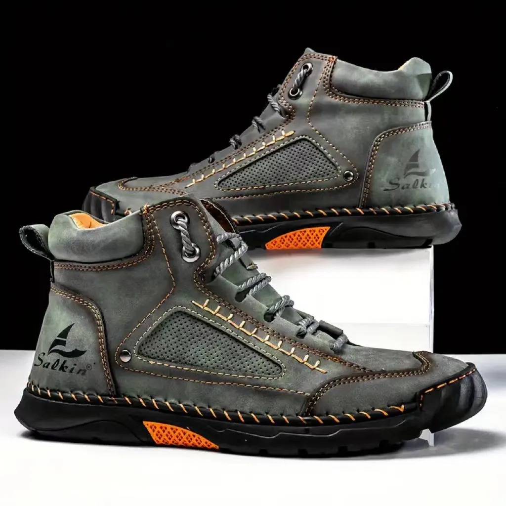 Men's Comfortable Handmade Leather Boots – Waterproof, Arch Support, Pressure Relief, Spacious Toe Box Outdoor Leather Shoes