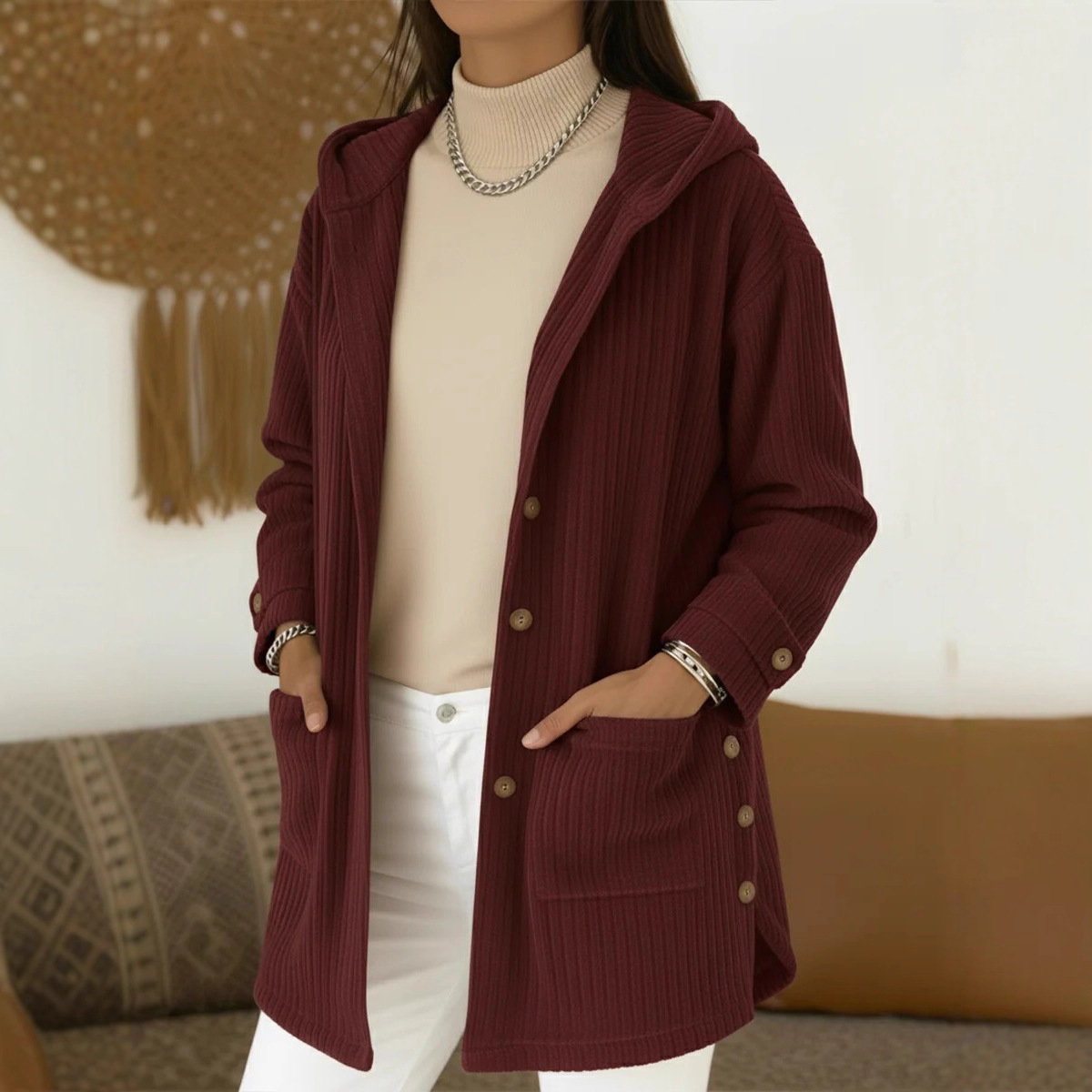 Women’s Mid-Length Hooded Corduroy Coat, Casual Loose Fall Layer