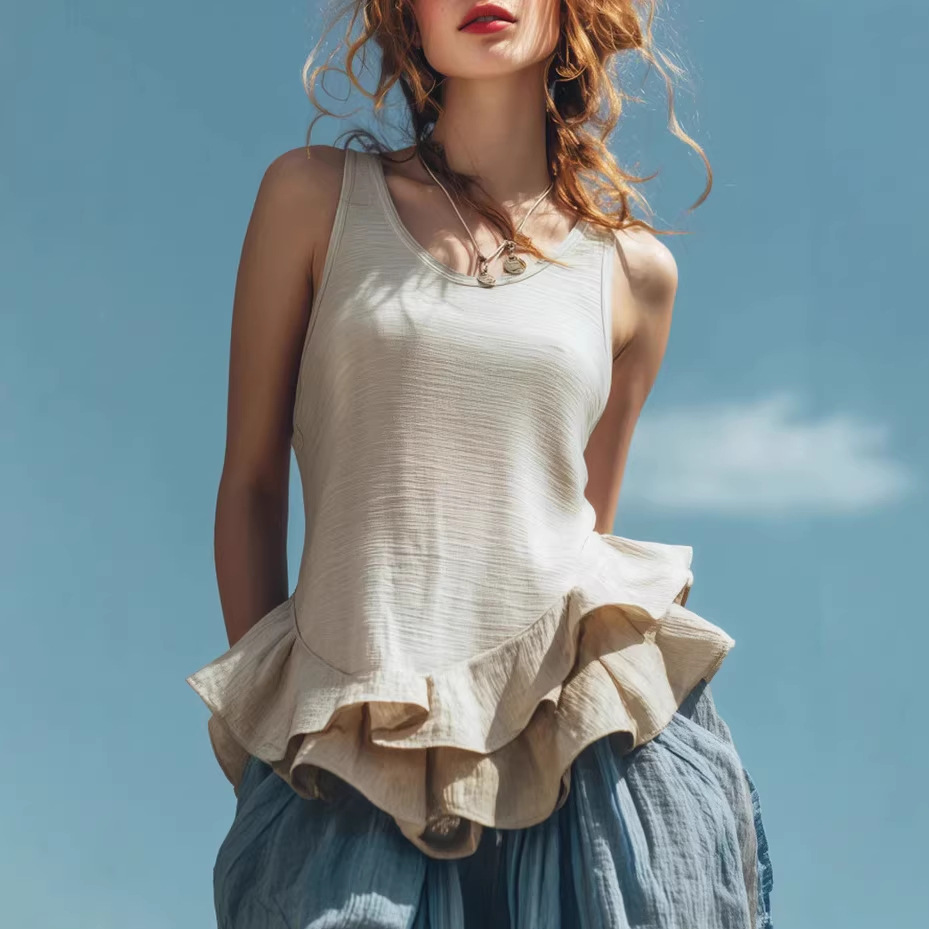 Women’s U-Neck Sleeveless Ruffle Hem Linen Cami Top, Solid Spliced Casual Summer Tank Top