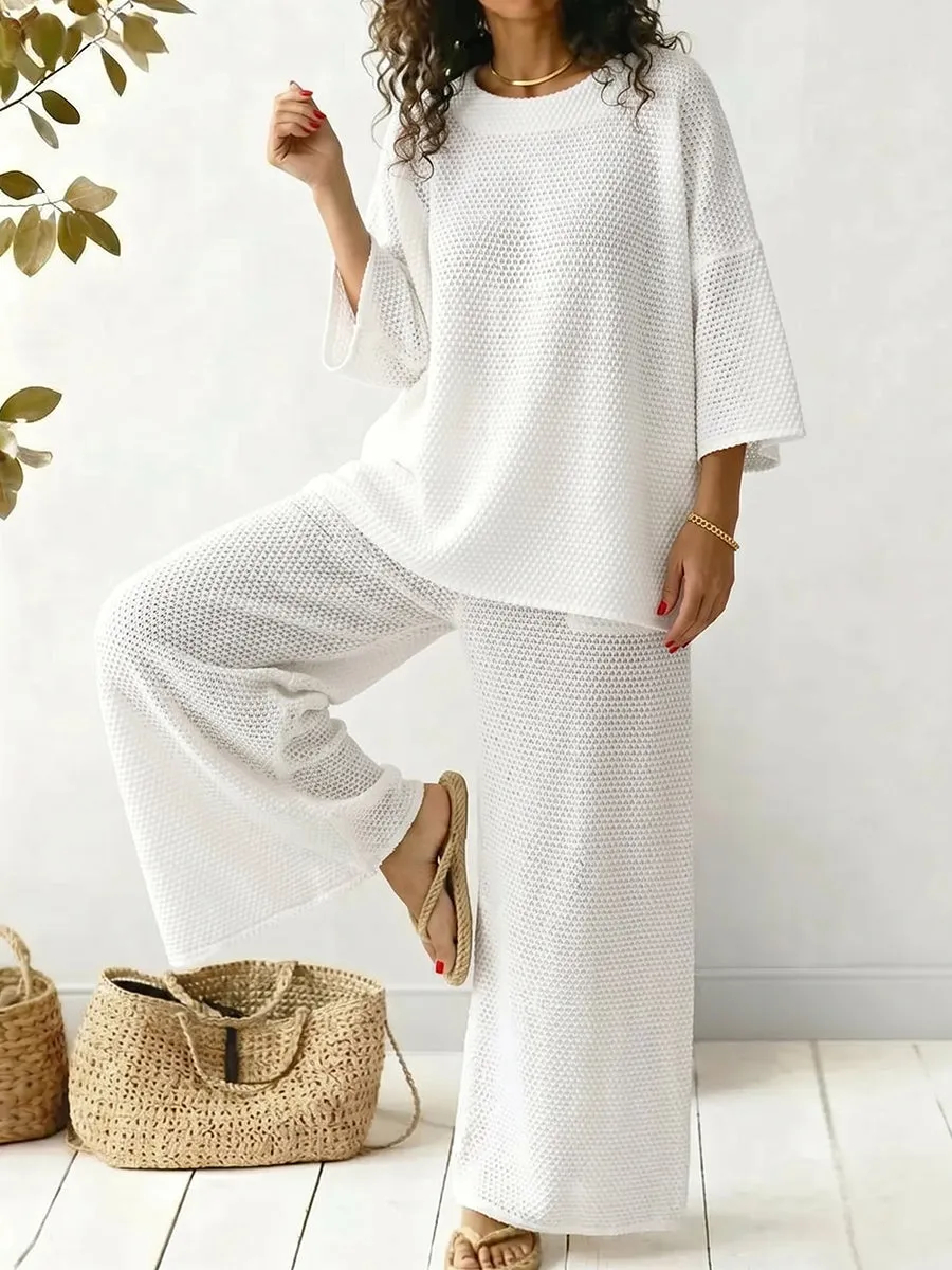 Women's Round-neck Long-sleeve Cutout Top And Pants Set