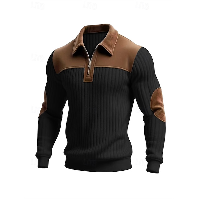 Men's Polo Polo Shirts Vacation Street Quarter Zip Long Sleeve Fashion Basic Color Block Jacquard Patchwork Fall & Winter Regular Fit Black White Army Green Apricot Polo