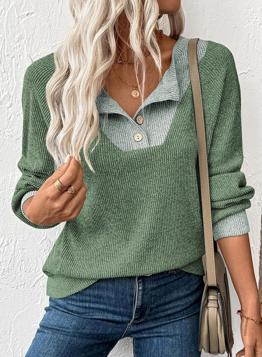 ✨Women's Colorblock Button Up V Neck Long Sleeve Casual Sweatshirts
