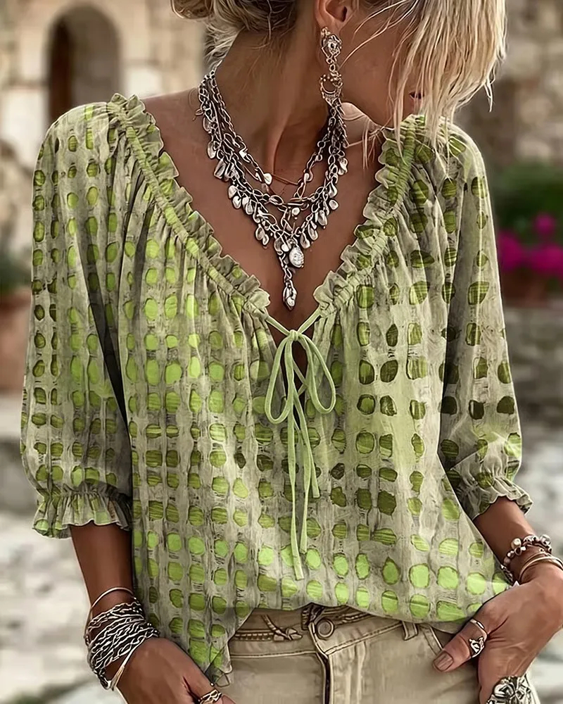 Polka Dot Lace Up Blouse