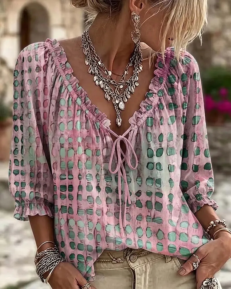 Polka Dot Lace Up Blouse