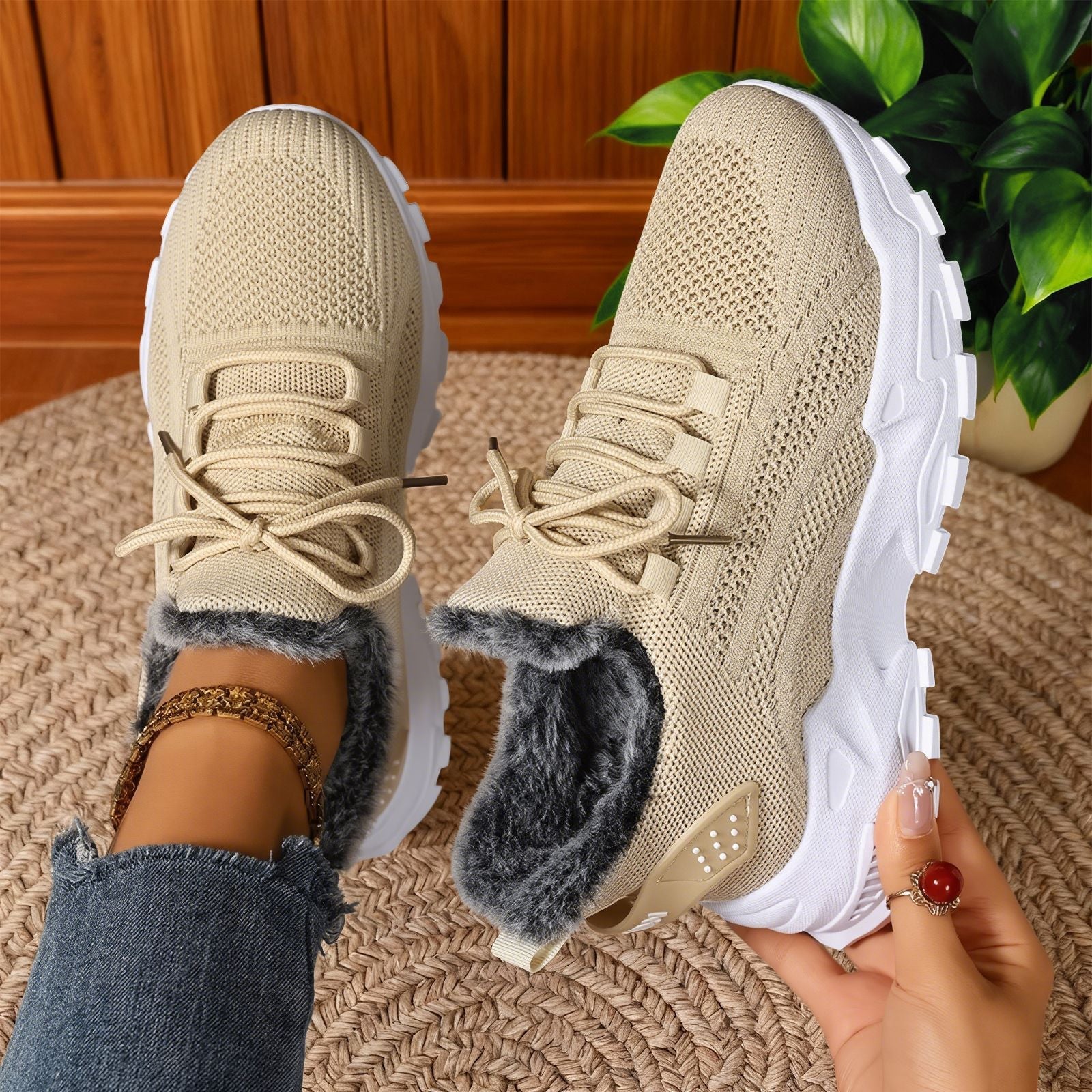Casual Fleece Lace-Up Lightweight Sneakers