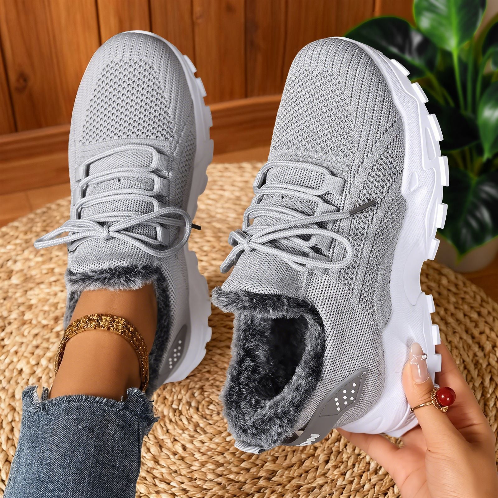 Casual Fleece Lace-Up Lightweight Sneakers