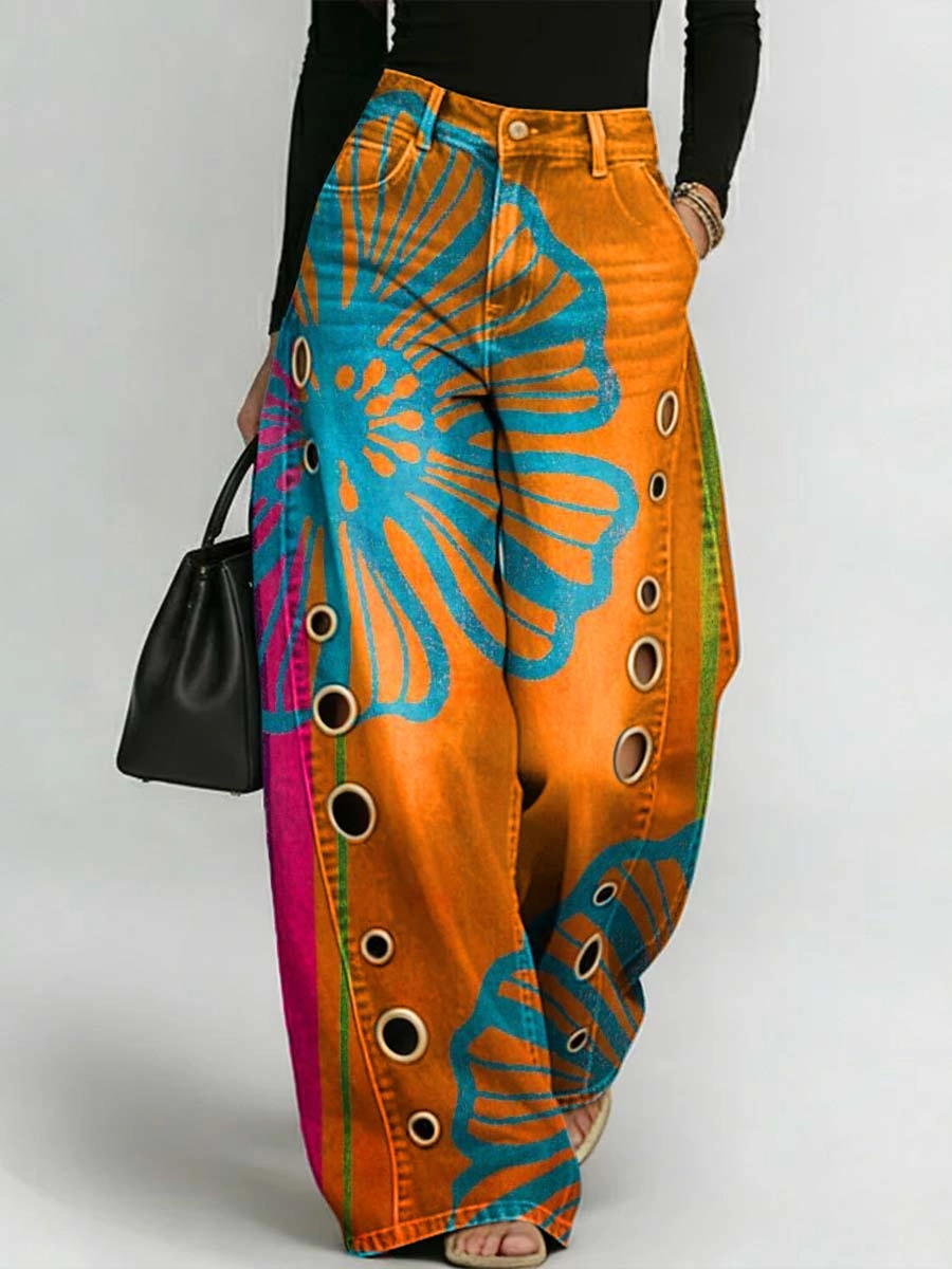 Women's Retro Floral Art Print Casual Stylish Hollow Denim Pants
