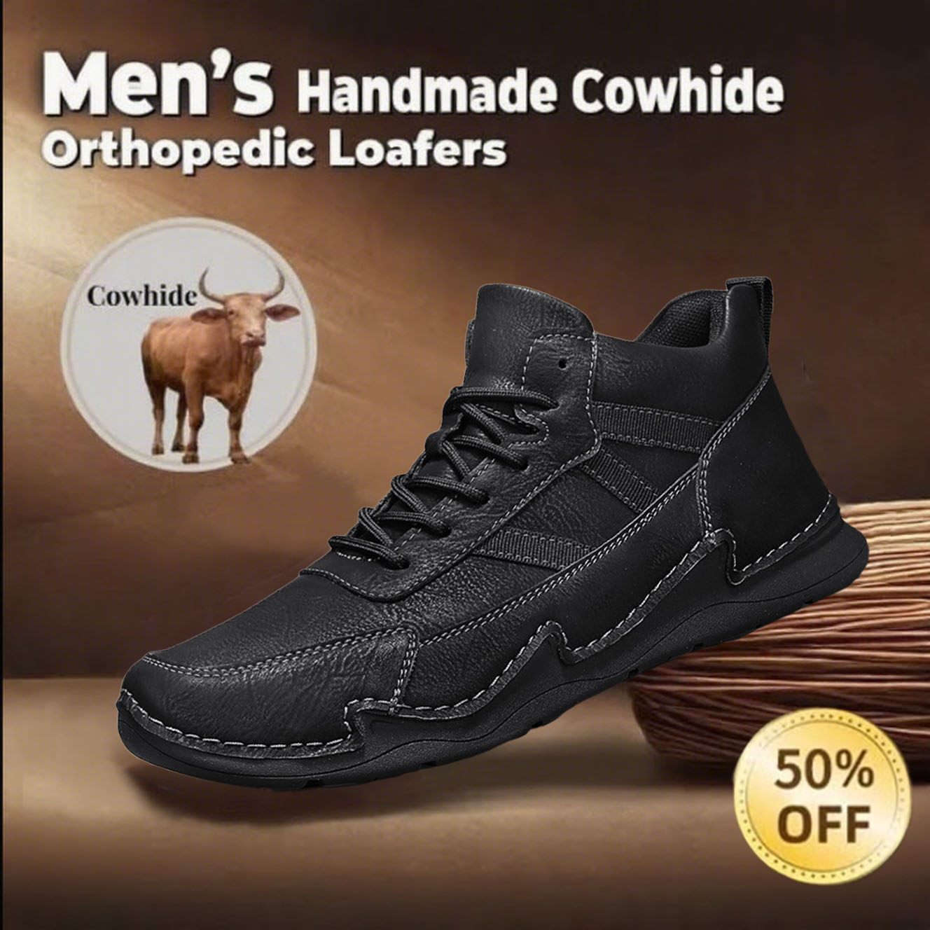 Men's Comfy Arch Support Waterproof Lightweight Handmade Orthopedic Genuine Leather Shoes