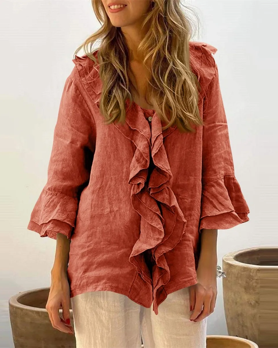Women's Button Down Shirts V Neck 3/4 Sleeve Elegant Ruffle Casual Blouses Tops