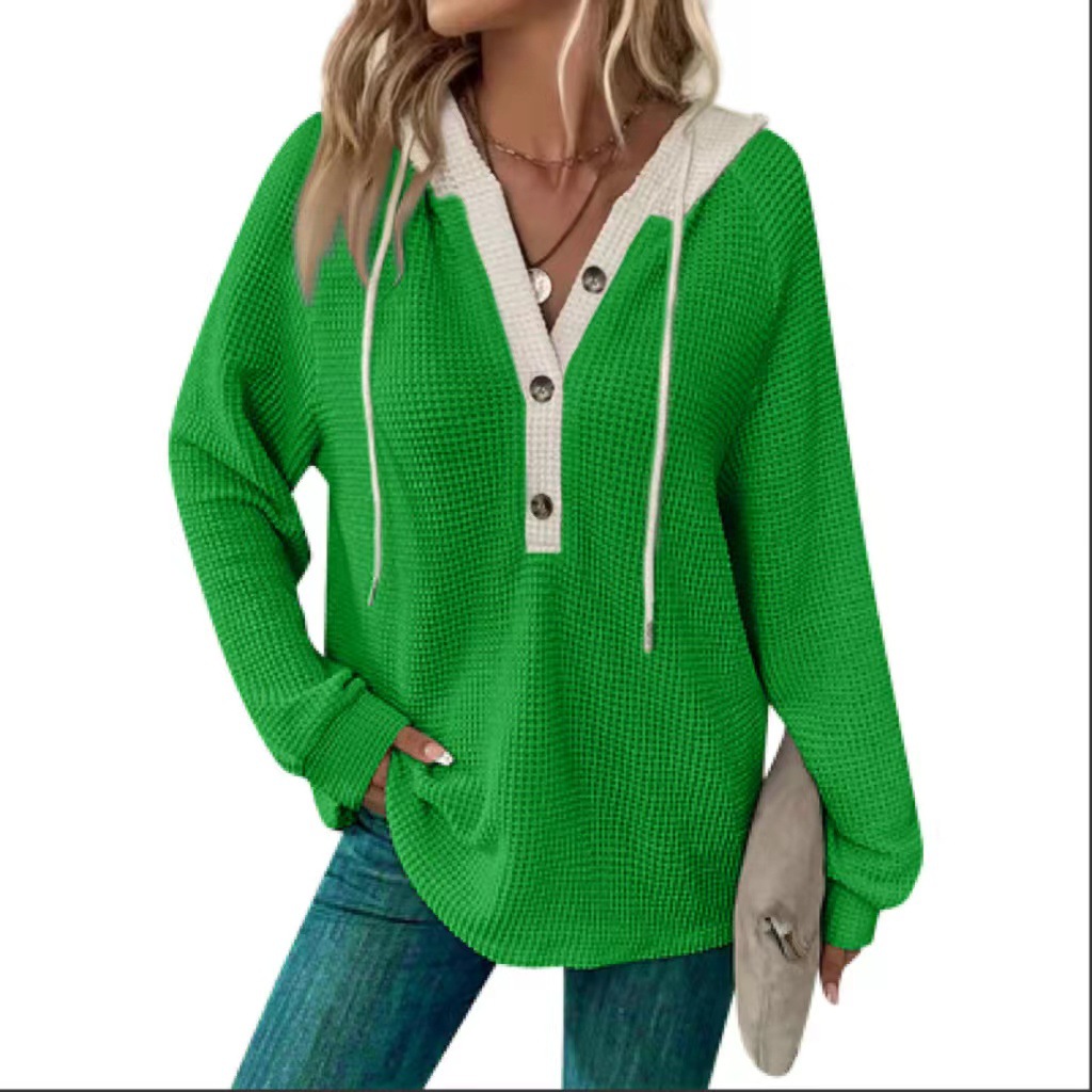 Clearance Sale! 🔥 Women's Solid Color Waffle Knit Hooded Button-Up Loose Long-Sleeve Colorblock Sweatshirt