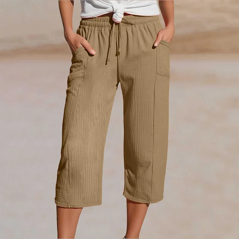 Women's Solid-Color Pleated Cotton-Linen Cropped Pants