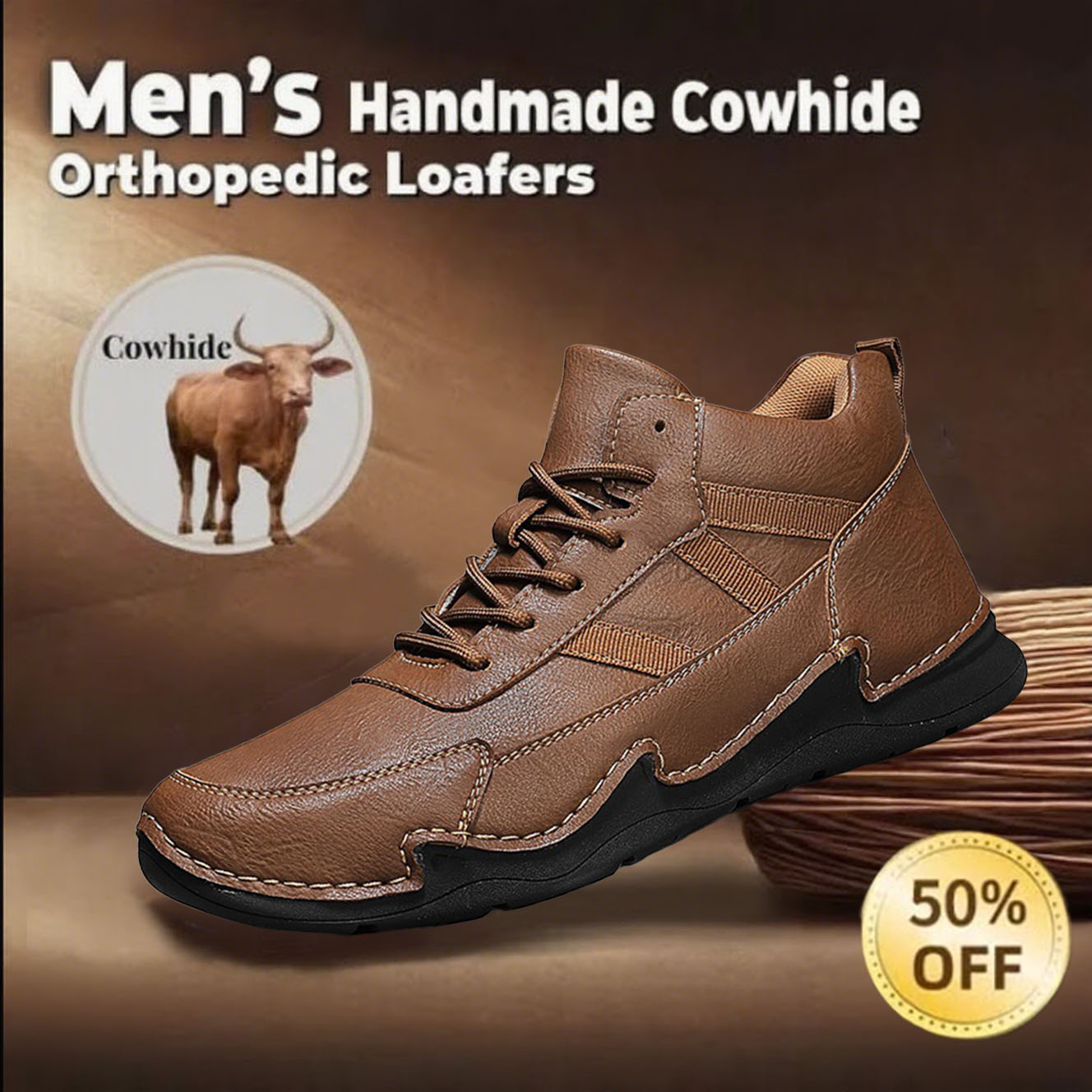 Men's Comfy Arch Support Waterproof Lightweight Handmade Orthopedic Genuine Leather Shoes