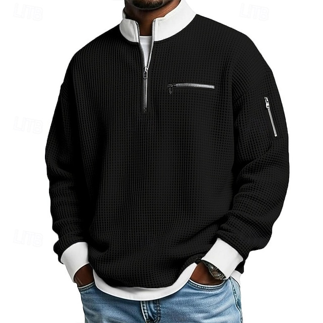 Men's Waffle T-shirt T Shirt Long Sleeve Half Zip Fall Fall & Winter Solid Color Traditional / Vintage Casual Color Block Zipper Pocket Outdoor Home Sports & Outdoor Light Blue Black Green Top Tee