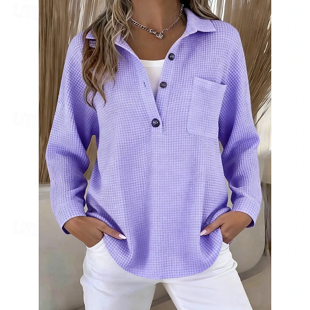 Women's V-neck button-up waffle knit solid color loose-fitting long-sleeved top