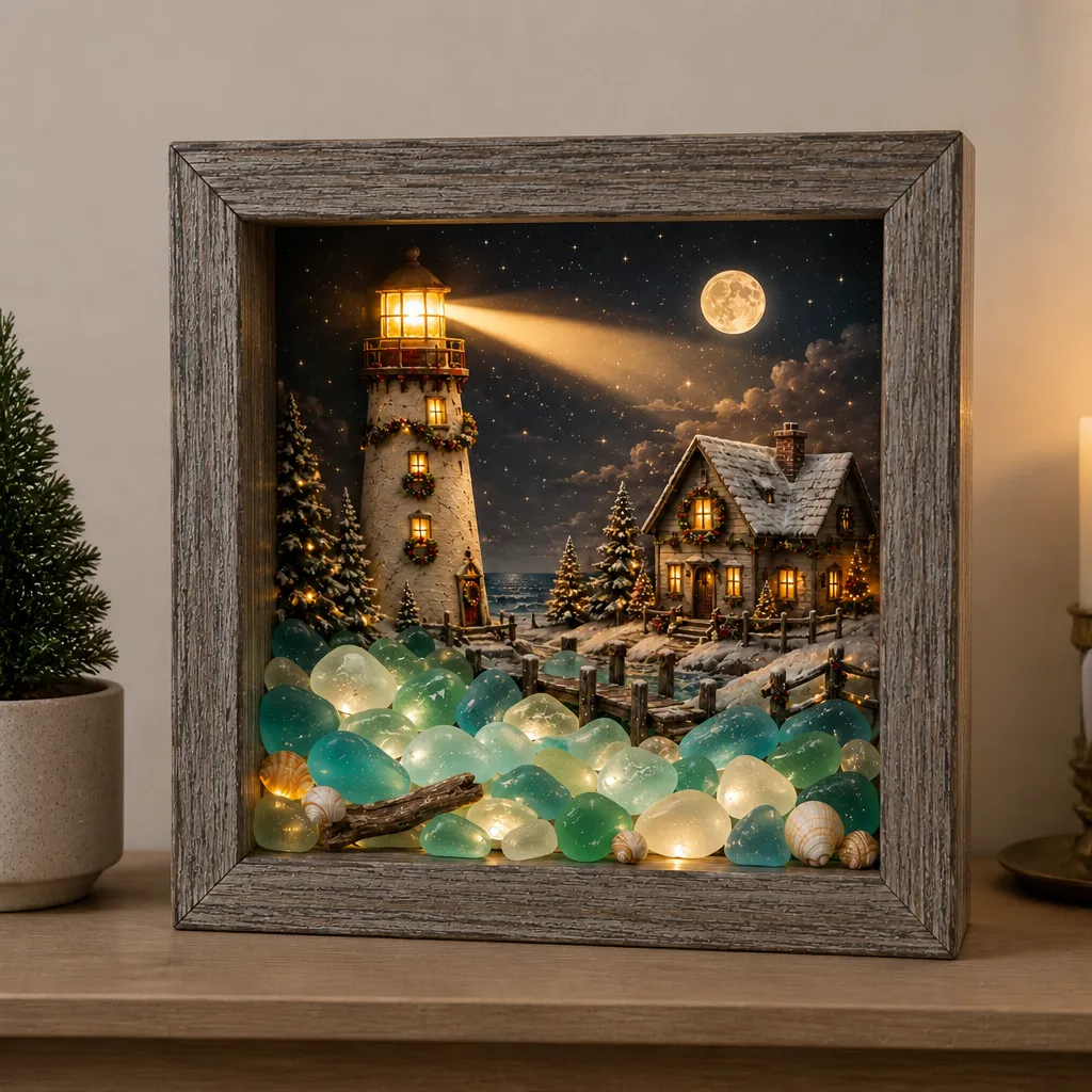 🔥💝Coastal Lighthouse Sea Glass Shadow Box Night Light
