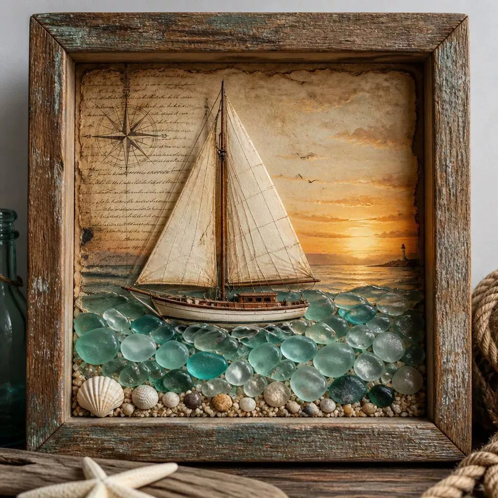 🔥💝Coastal Lighthouse Sea Glass Shadow Box Night Light